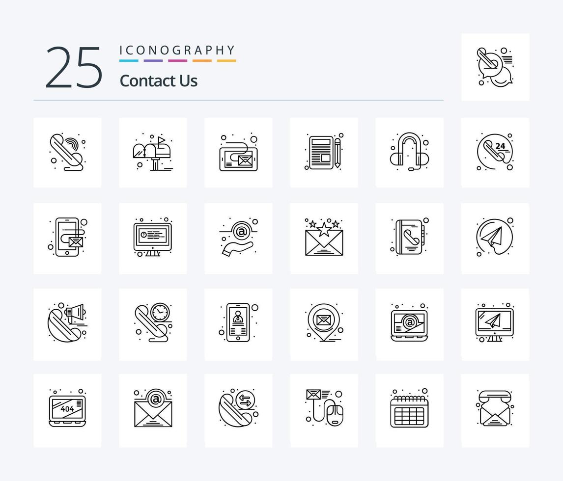 Kontaktieren Sie uns Icon Pack mit 25 Zeilen inklusive Kopfhörer. Plaudern. Email. Pad. Buchstabe vektor
