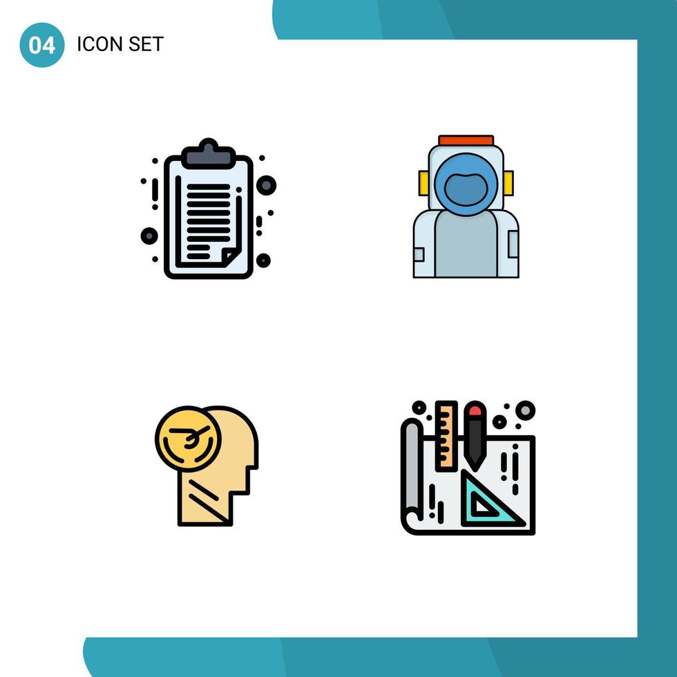 Satz von 4 Vektor-Fülllinien-Flachfarben auf Raster für Dokumentenaktivitäts-Clipboard Spaceman schneller bearbeitbare Vektordesign-Elemente vektor