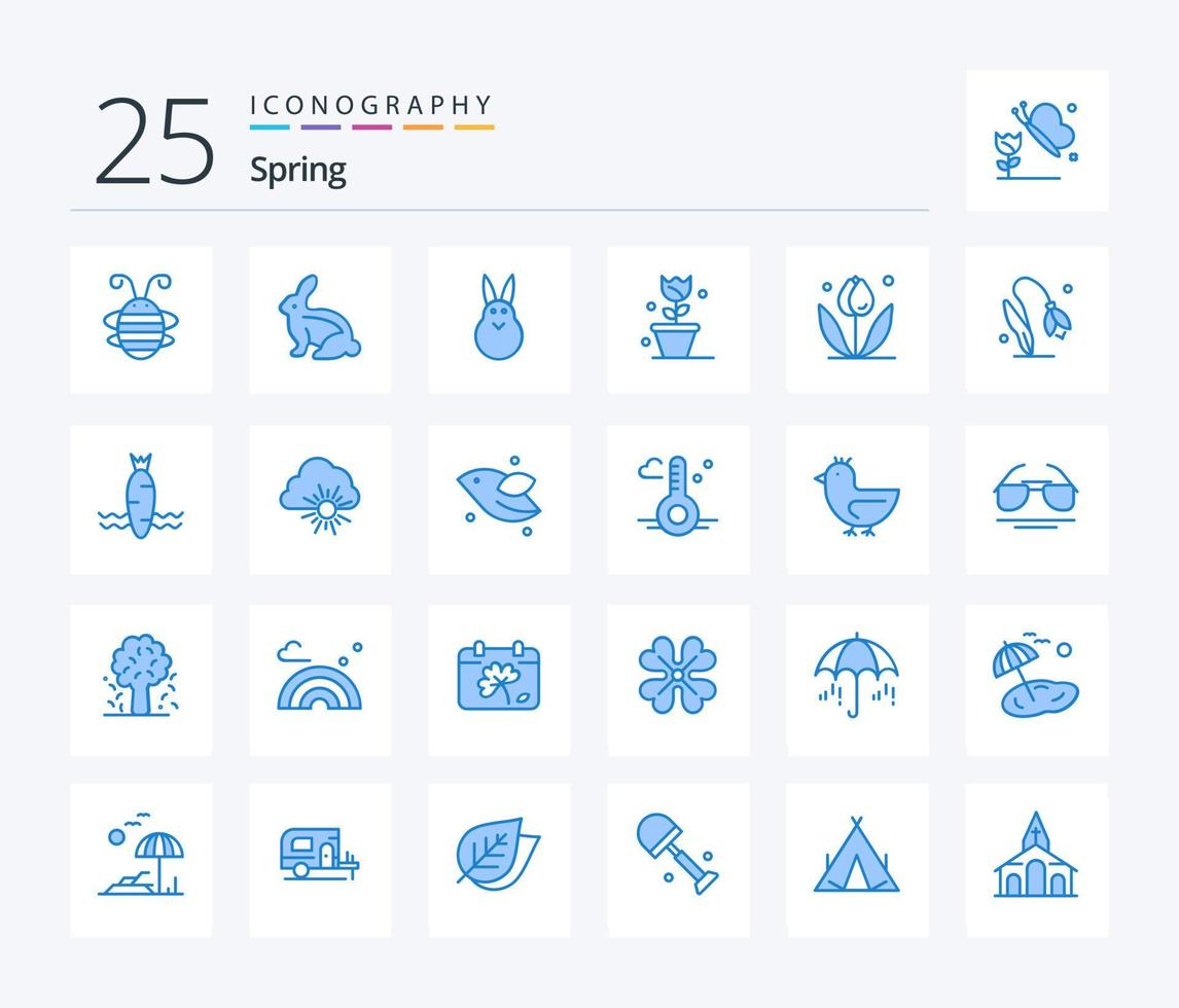 Spring 25 blaues Icon Pack inklusive Cloud. Gemüse. Hase. Lebensmittel. Feder vektor