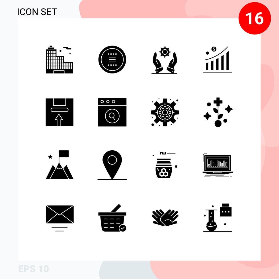 uppsättning av 16 vektor fast glyfer på rutnät för leverans statistisk företag pengar företag redigerbar vektor design element