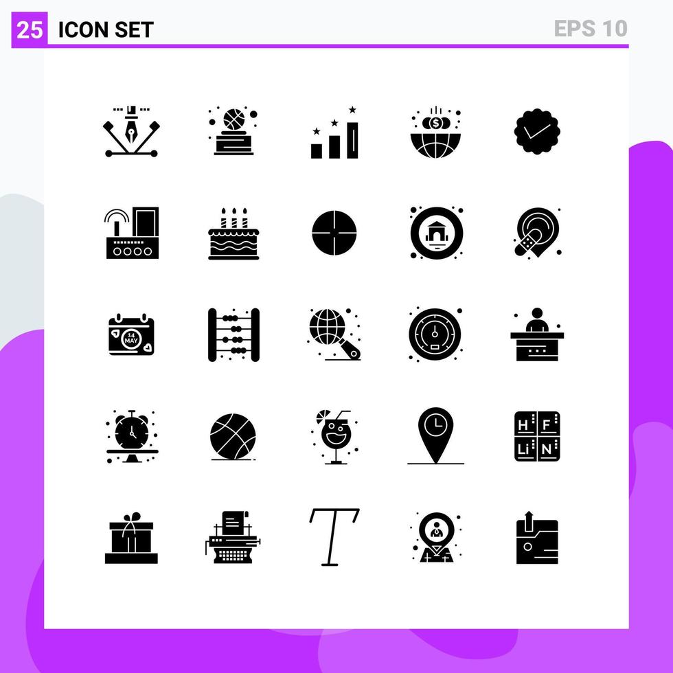 grupp av 25 fast glyfer tecken och symboler för media klot prestationer global företag redigerbar vektor design element