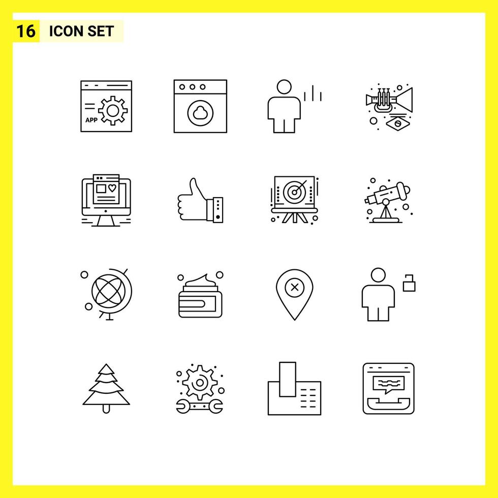 Aktienvektor-Icon-Pack mit 16 Zeilenzeichen und Symbolen für Computer-Karnevalsanalytik-Musik menschliche editierbare Vektordesign-Elemente vektor