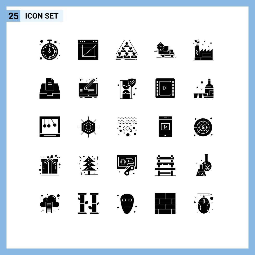 moderner Satz von 25 soliden Glyphen-Piktogrammen der Zeit des LKW-Versandteams, die editierbare Vektordesign-Elemente trifft vektor