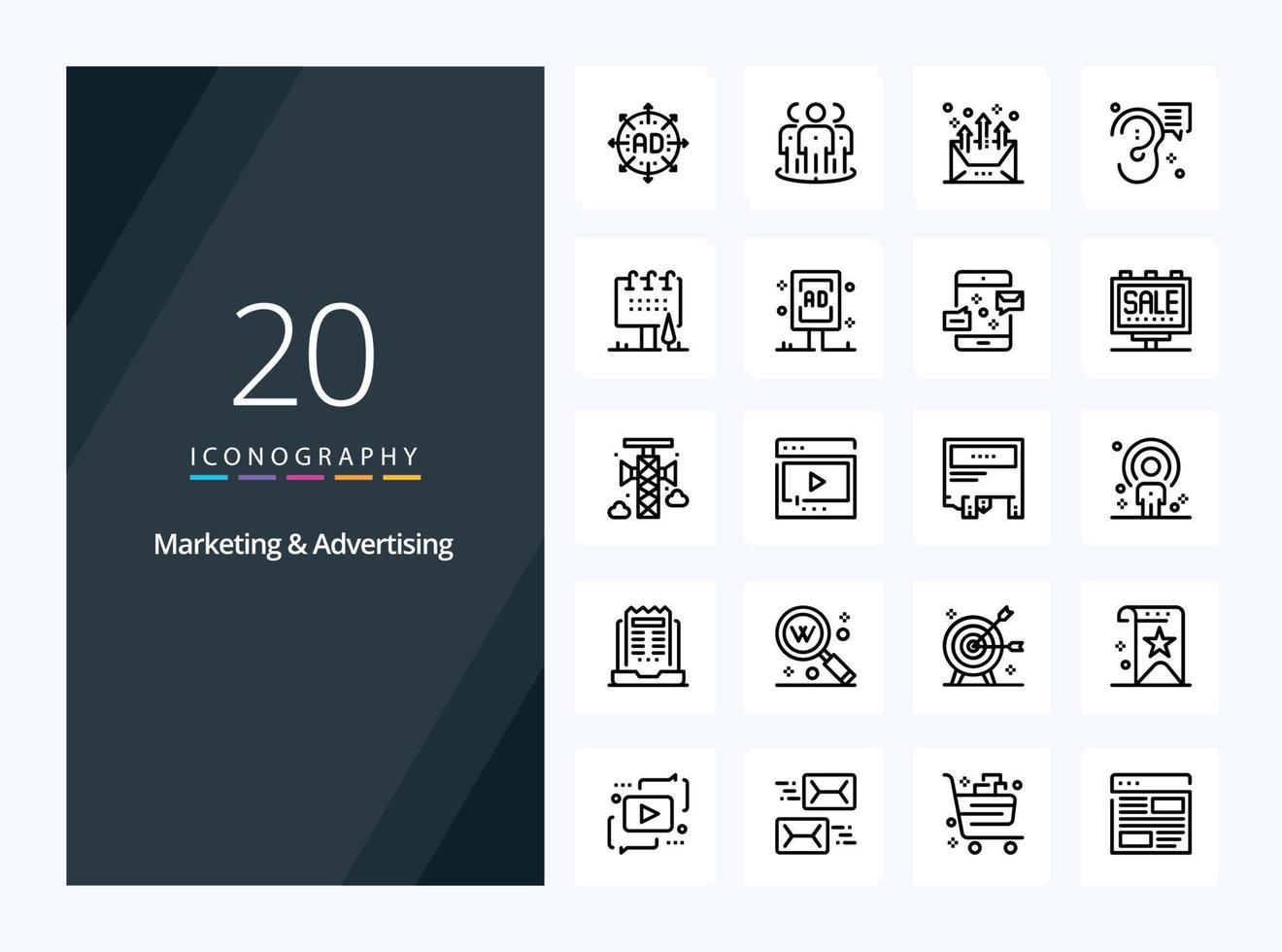 20 Symbol für Marketing- und Werbeumrisse zur Präsentation vektor