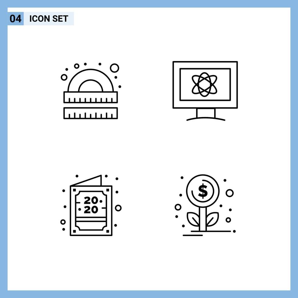 uppsättning av 4 modern ui ikoner symboler tecken för teckning kort linjal övervaka inbjudan redigerbar vektor design element