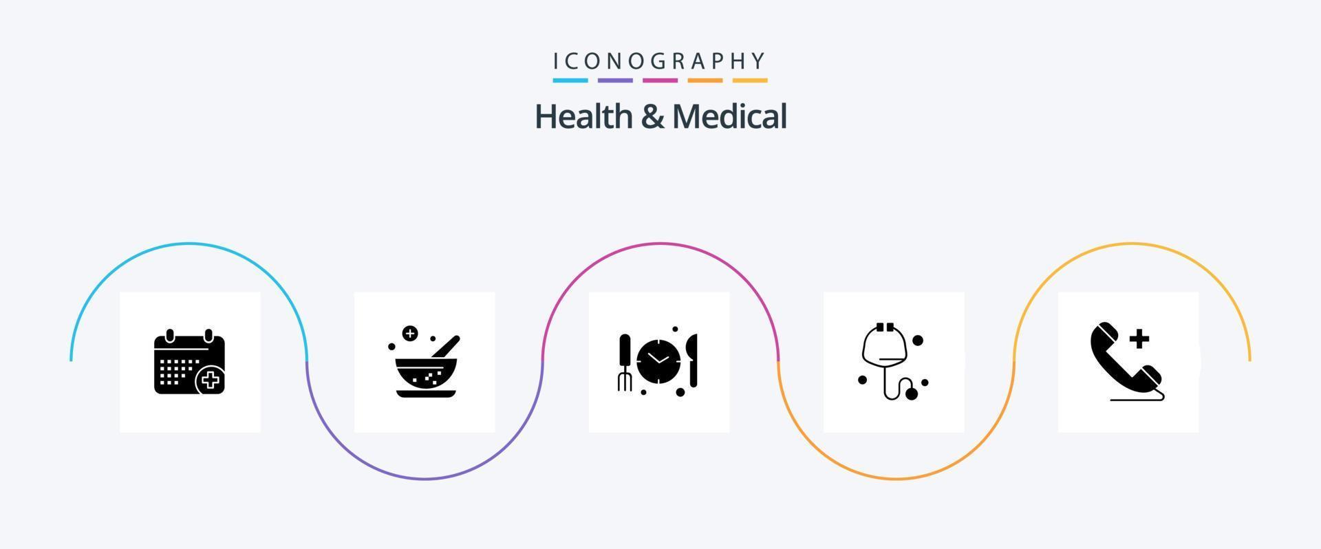 hälsa och medicinsk glyf 5 ikon packa Inklusive . plus. dnner. telefon. stetoskop vektor