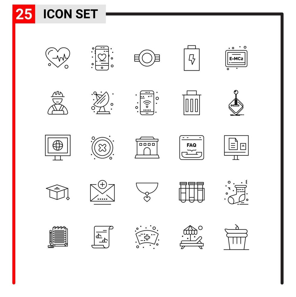 25 Benutzeroberflächen-Linienpaket mit modernen Zeichen und Symbolen von Formeltafel-Insignien, elektrische Batterie, editierbare Vektordesign-Elemente vektor