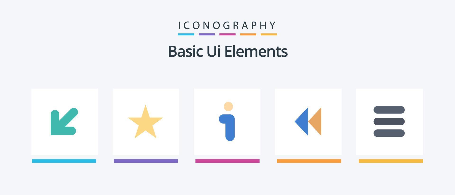 grundläggande ui element platt 5 ikon packa Inklusive text. lista. info. video. media. kreativ ikoner design vektor