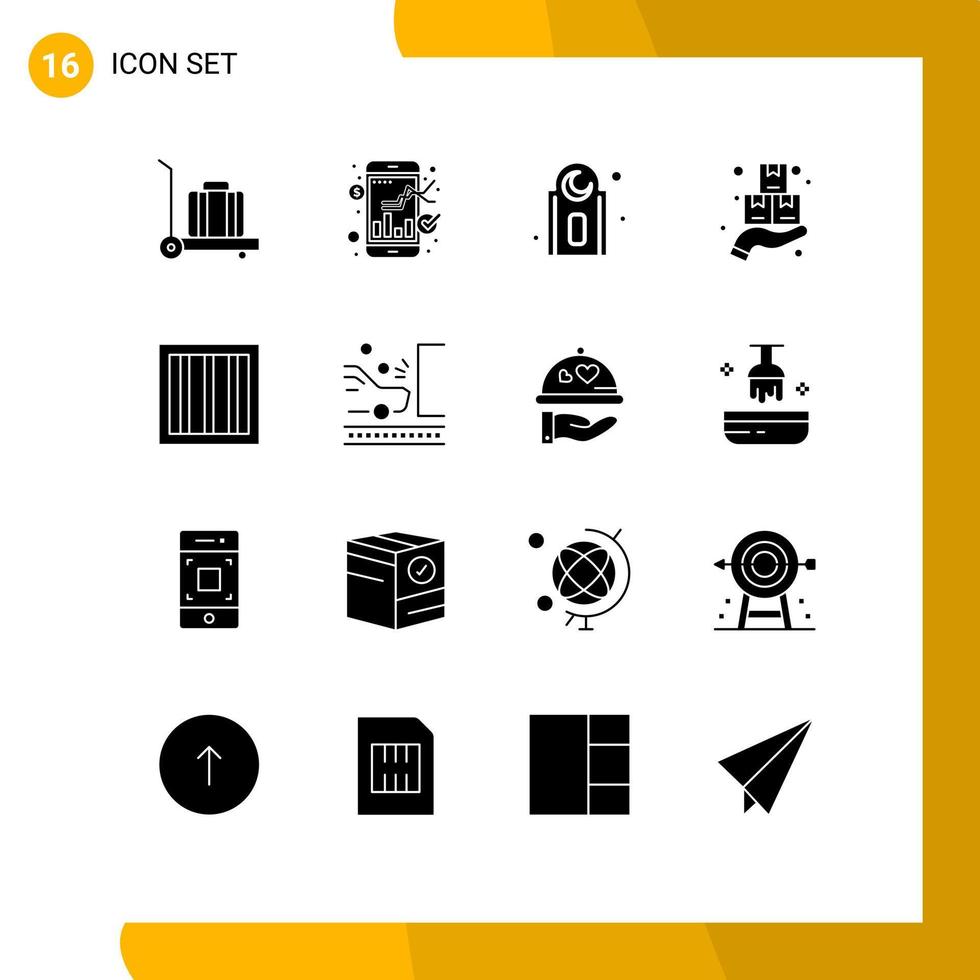 Gruppe von 16 modernen soliden Glyphen, die für editierbare Vektordesignelemente des Unfallgefängnisgebets kriminellen Montags festgelegt wurden vektor