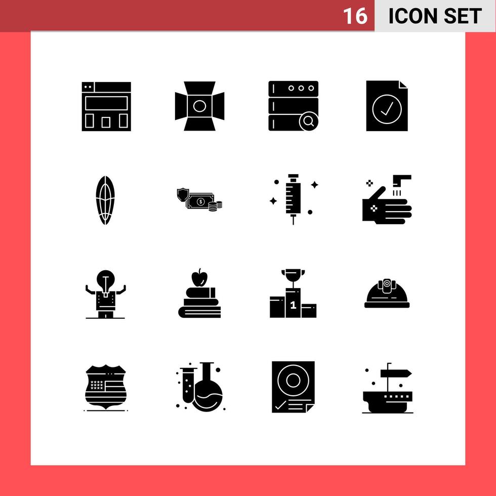 grupp av 16 fast glyfer tecken och symboler för företag surfing server surfingbräda rekreation redigerbar vektor design element