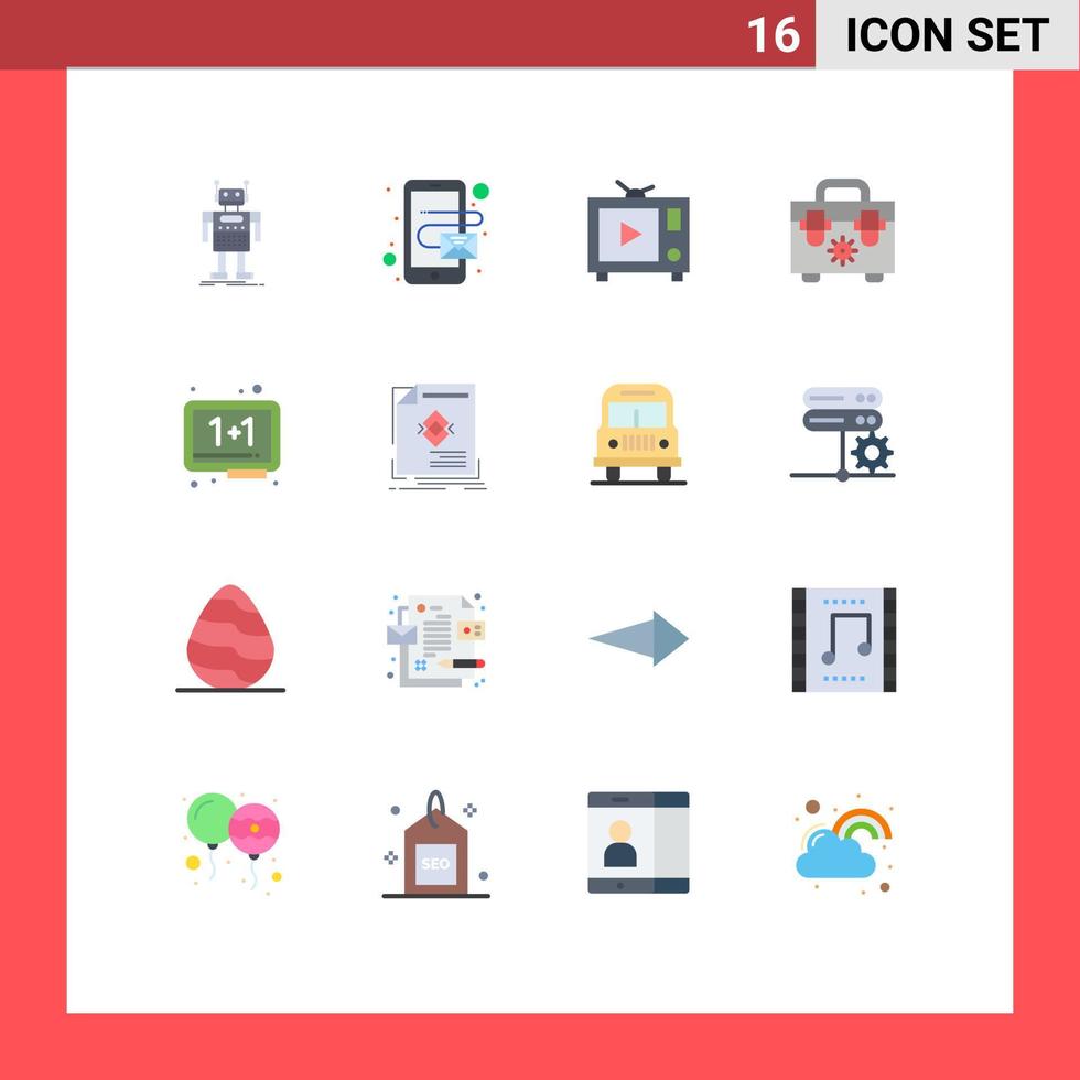 piktogram uppsättning av 16 enkel platt färger av skola utbildning TV styrelse konstruktion redigerbar packa av kreativ vektor design element