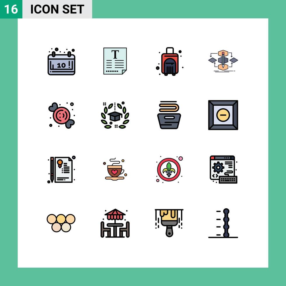 moderner Satz von 16 flachen, farbgefüllten Linien und Symbolen wie Candy Model Bag Method Algorithmus editierbare kreative Vektordesign-Elemente vektor