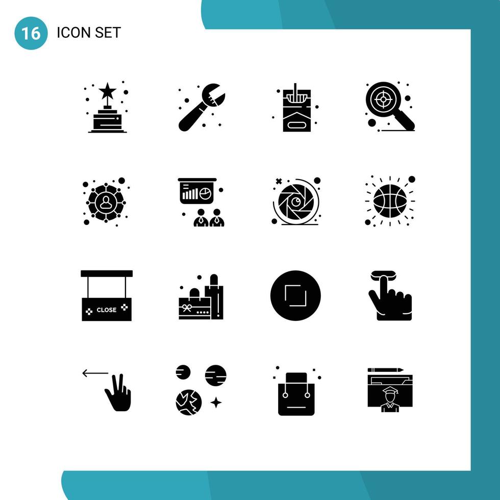 16 thematische Vektor-Solid-Glyphen und editierbare Symbole der Präsentation Social Network Hobbys Social Target editierbare Vektordesign-Elemente vektor