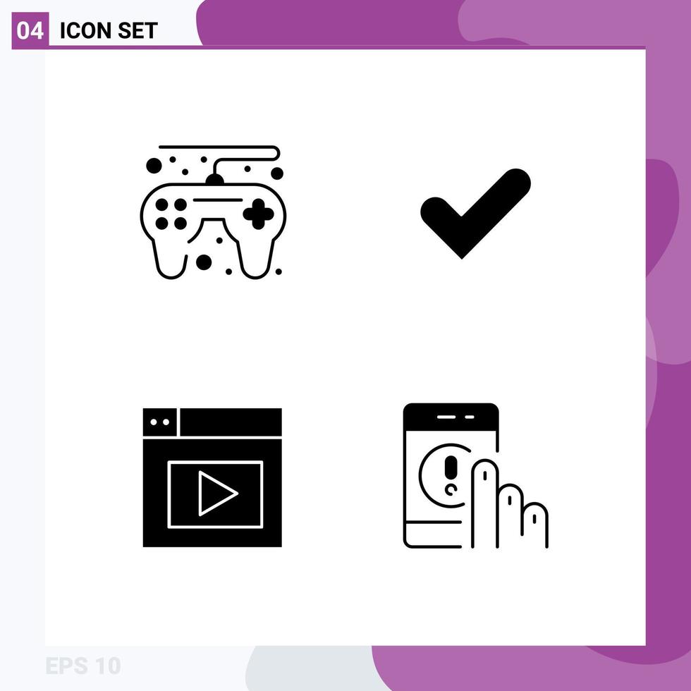 moderner Satz von 4 soliden Glyphen und Symbolen wie Gamecontroller-Video-Check gute Kommunikation editierbare Vektordesign-Elemente vektor