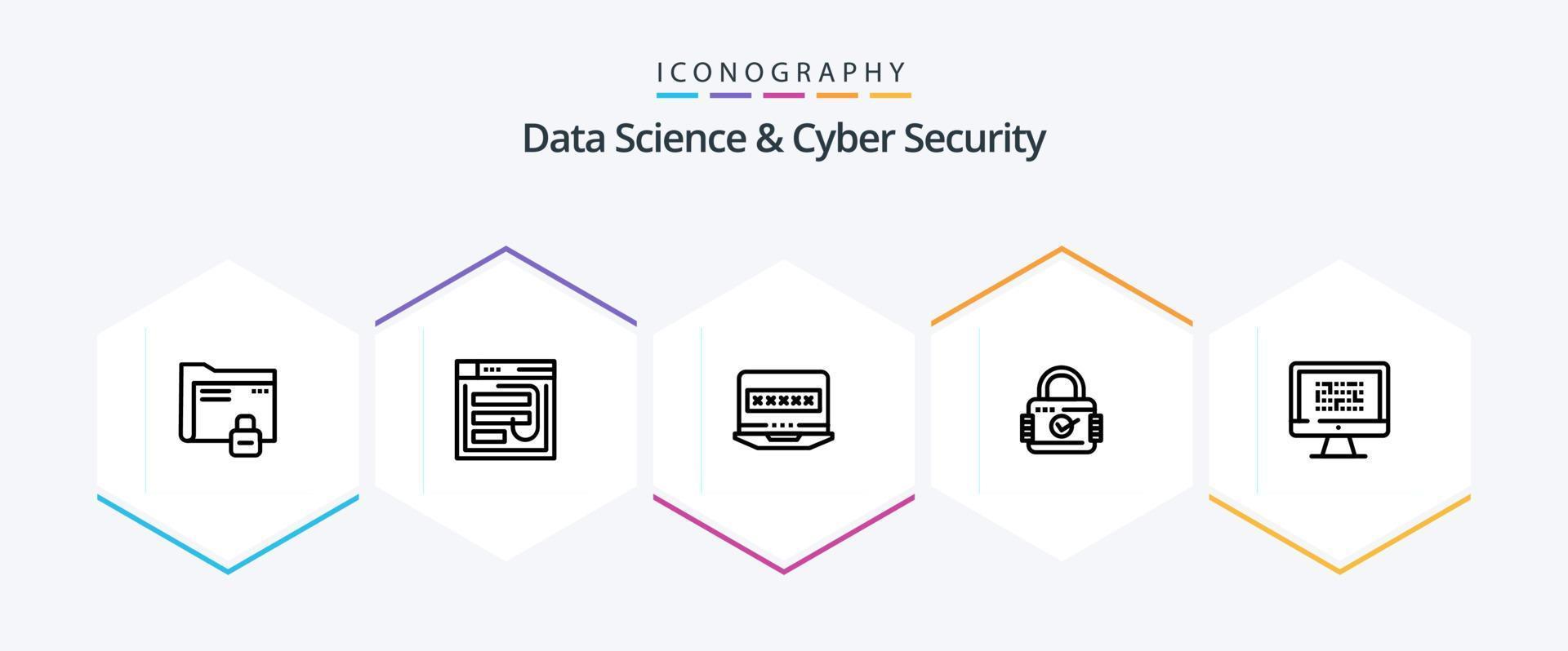 Data Science und Cybersicherheit 25-Zeilen-Icon-Pack inklusive Vorhängeschloss. Sicherheit. Passwort. schau. Laptop vektor