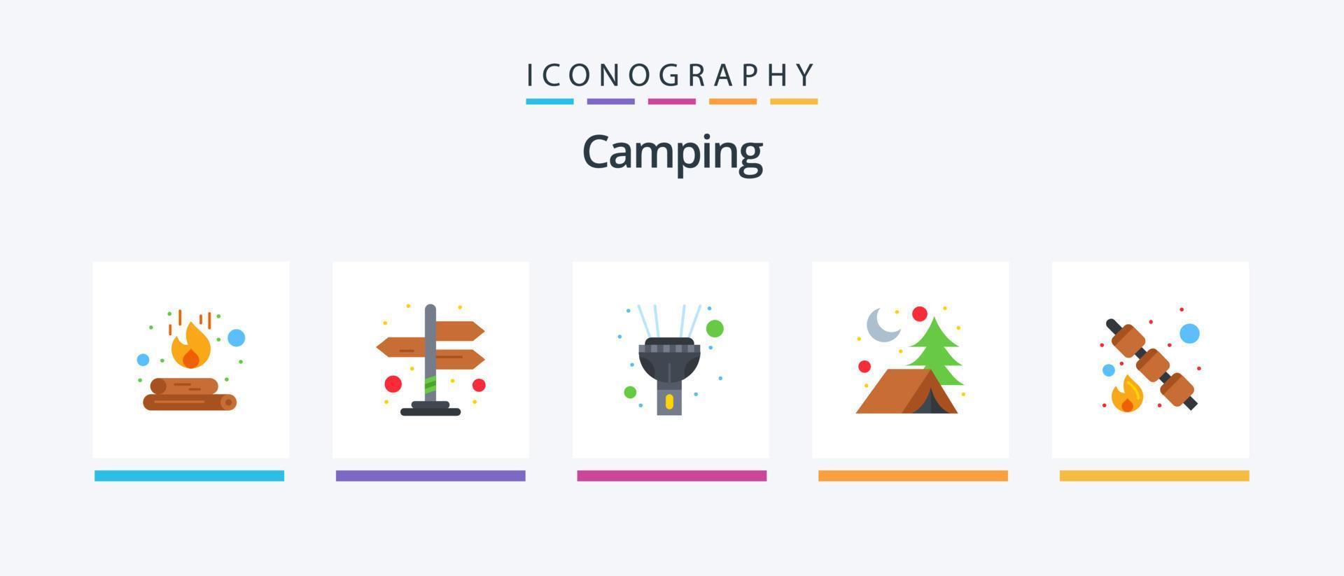 Camping Flat 5 Icon Pack inklusive . Lebensmittel. hell. Picknick. Nacht. kreatives Symboldesign vektor