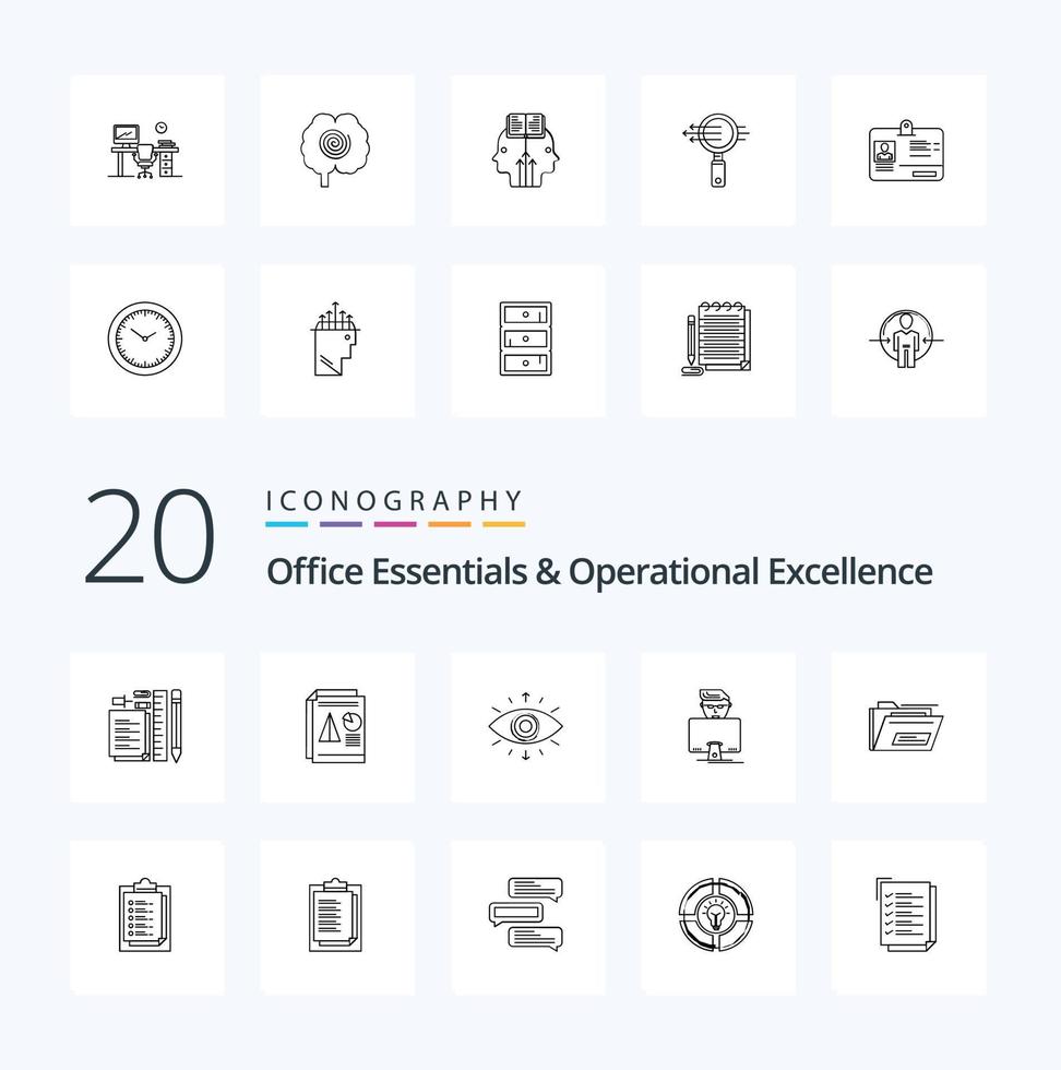 20 Office Essentials und Operational Excellence Line Icon Pack wie Gammer Hacker Chart Secret Society vektor