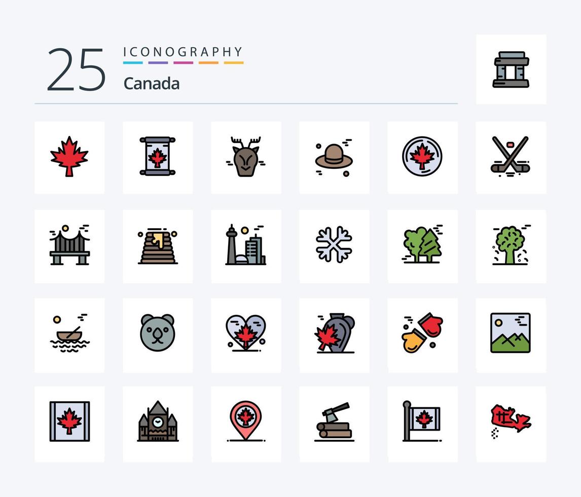 Kanada 25 Zeilen gefülltes Icon Pack inklusive Ahorn. Kanada. Arktis. Herbst. Deckel vektor