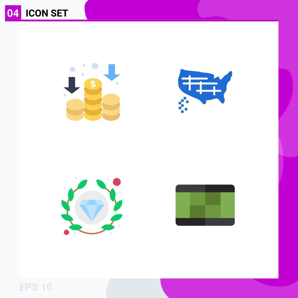 Packung mit 4 modernen flachen Symbolen, Zeichen und Symbolen für Web-Printmedien wie Finanzen, SEO-Karte, Usa, Tennis, editierbare Vektordesign-Elemente vektor