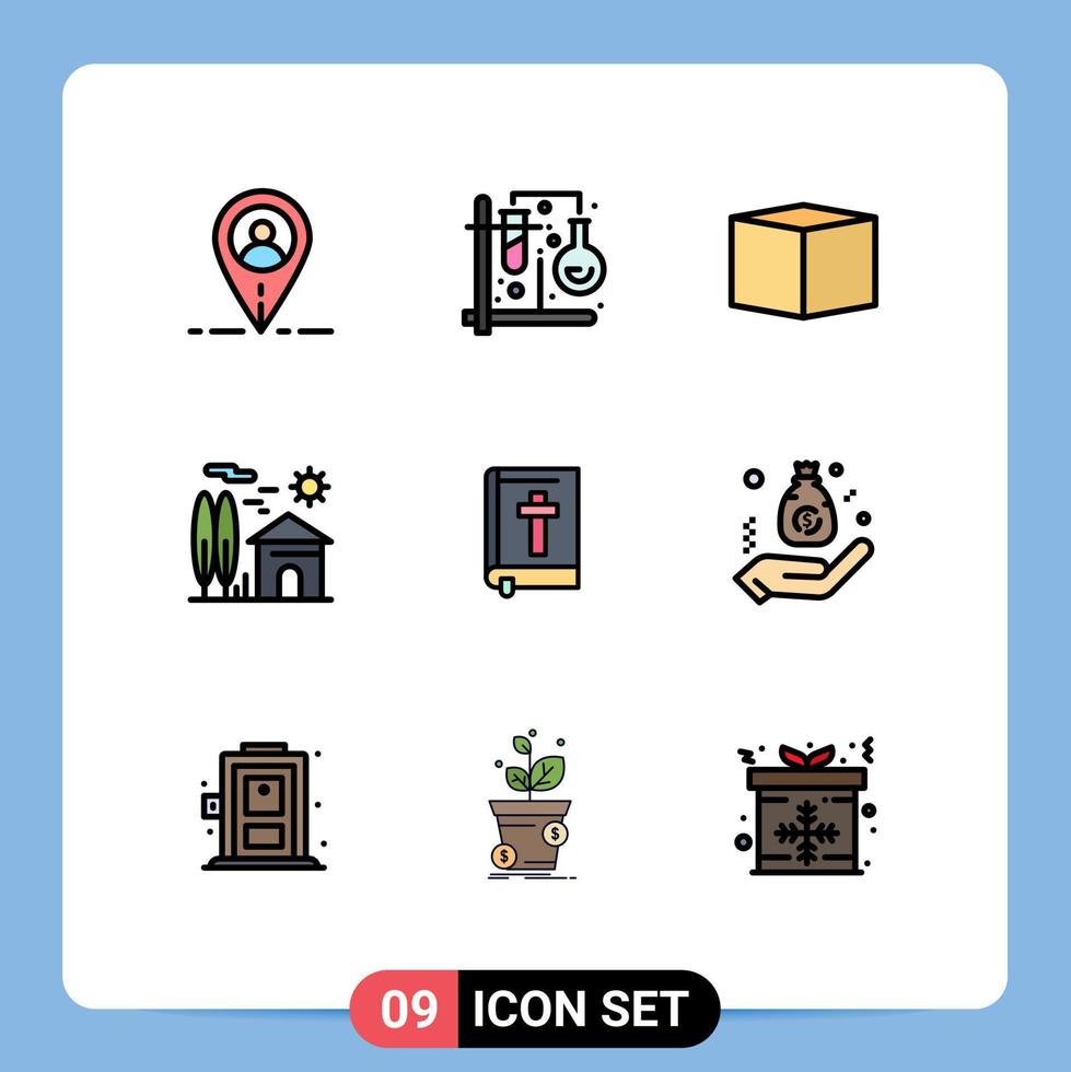 Stock Vector Icon Pack mit 9 Zeilen Zeichen und Symbolen für Buch Immobilien Box Real House editierbare Vektordesign-Elemente