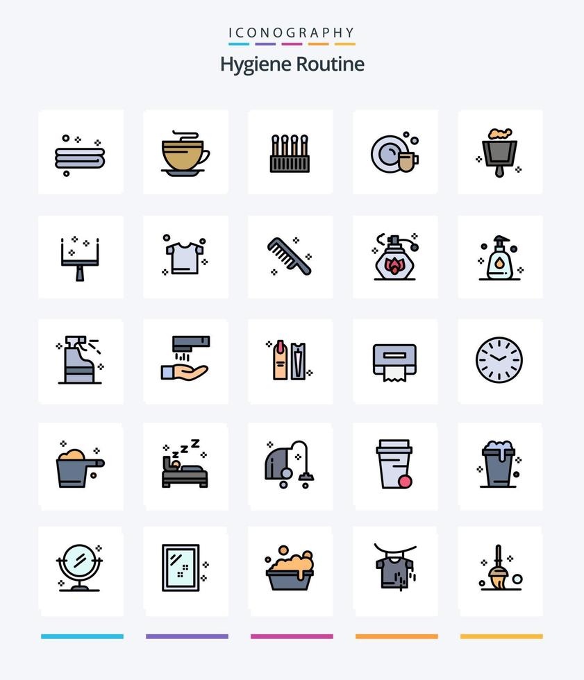 kreativ hygien rutin- 25 linje fylld ikon packa sådan som kläder. sopskyffel. knoppar. kvast. kopp vektor
