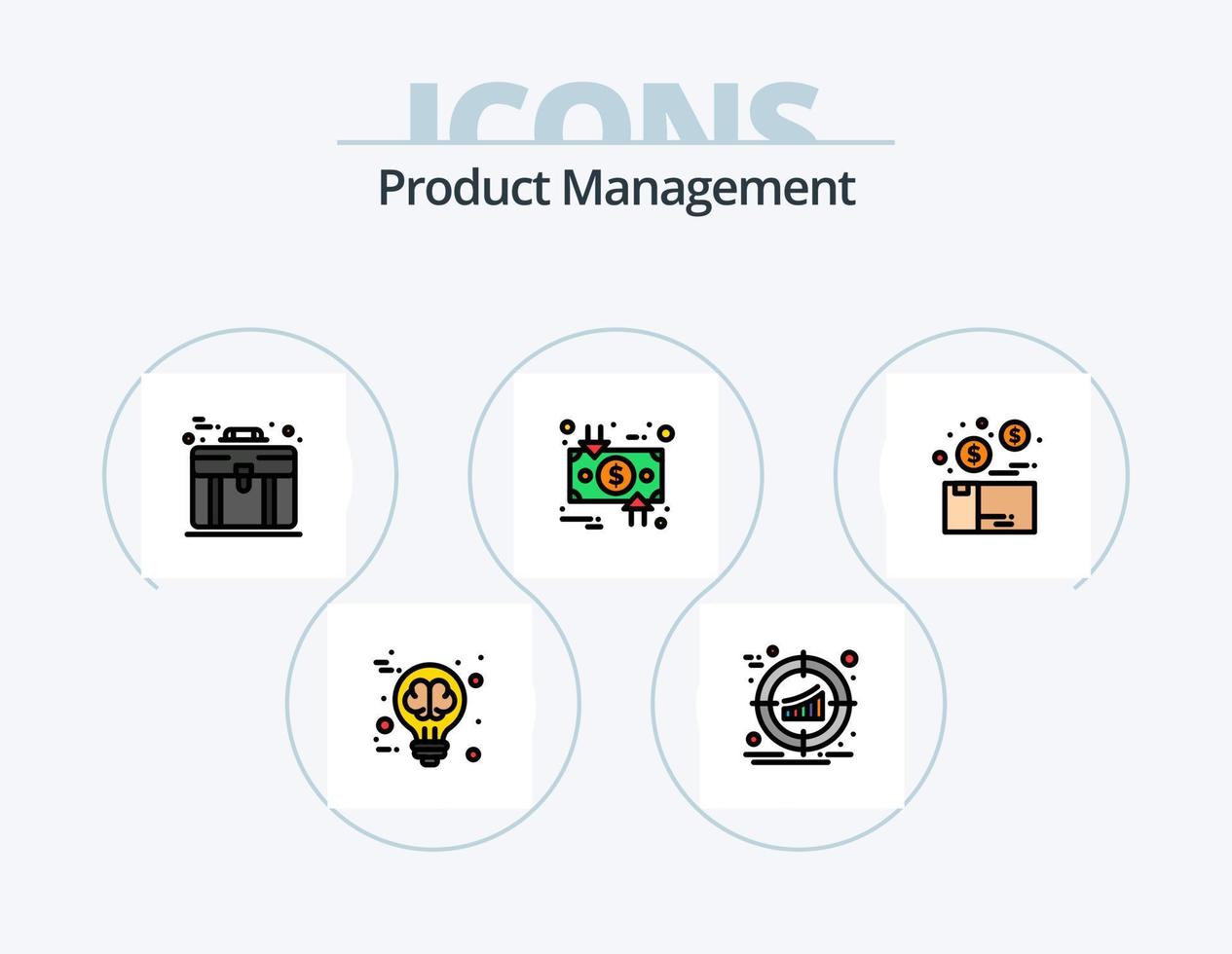 Produktmanagement-Linie gefüllt Icon Pack 5 Icon Design. Stück. Kunde. Bar. Würfel. Phasen vektor