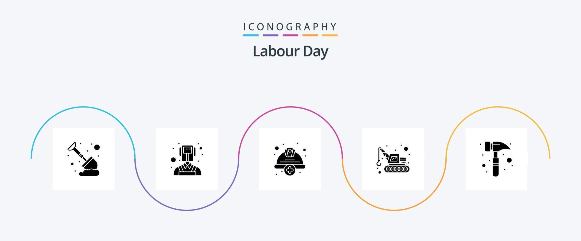 Labor Day Glyph 5 Icon Pack inklusive Watch Kit. Klauenhammer. Deckel. Transport. Bagger vektor