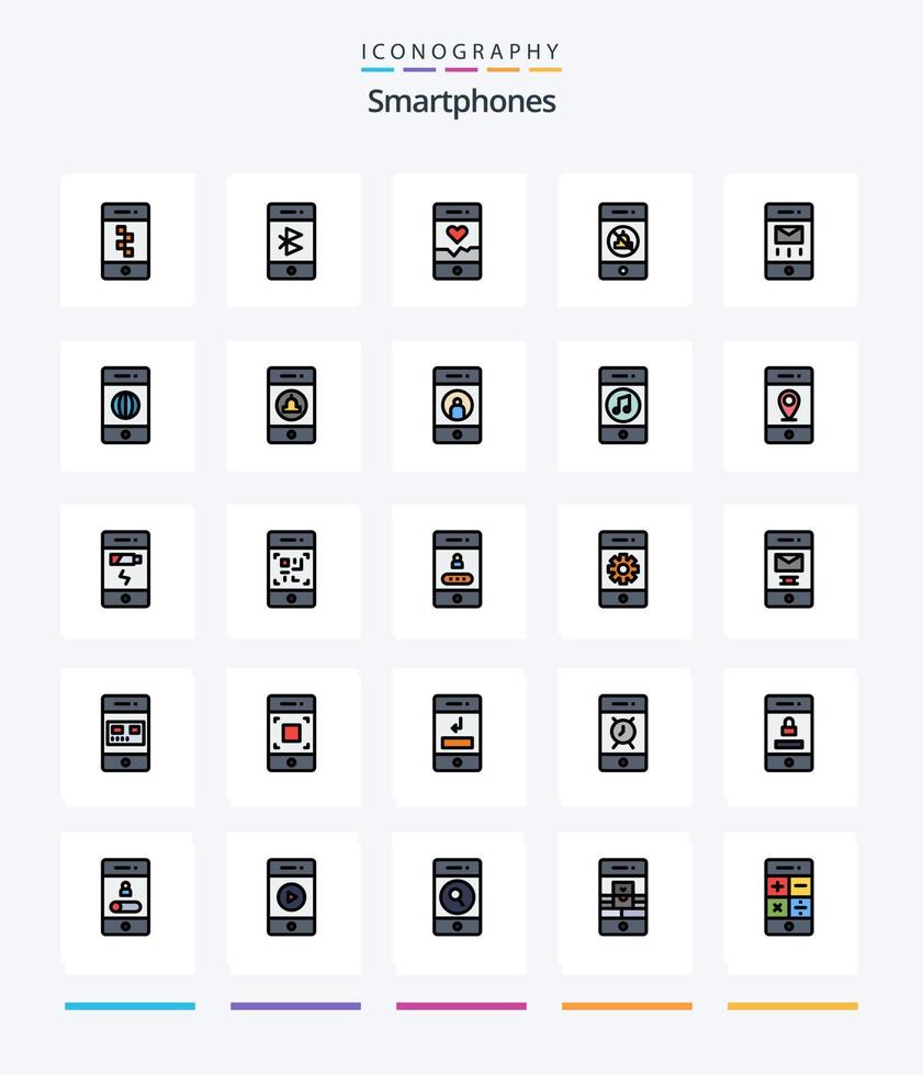 kreative Smartphones 25 Zeilen gefülltes Icon Pack wie Umschläge. Lautsprecher. Telefon. stumm. Sport vektor