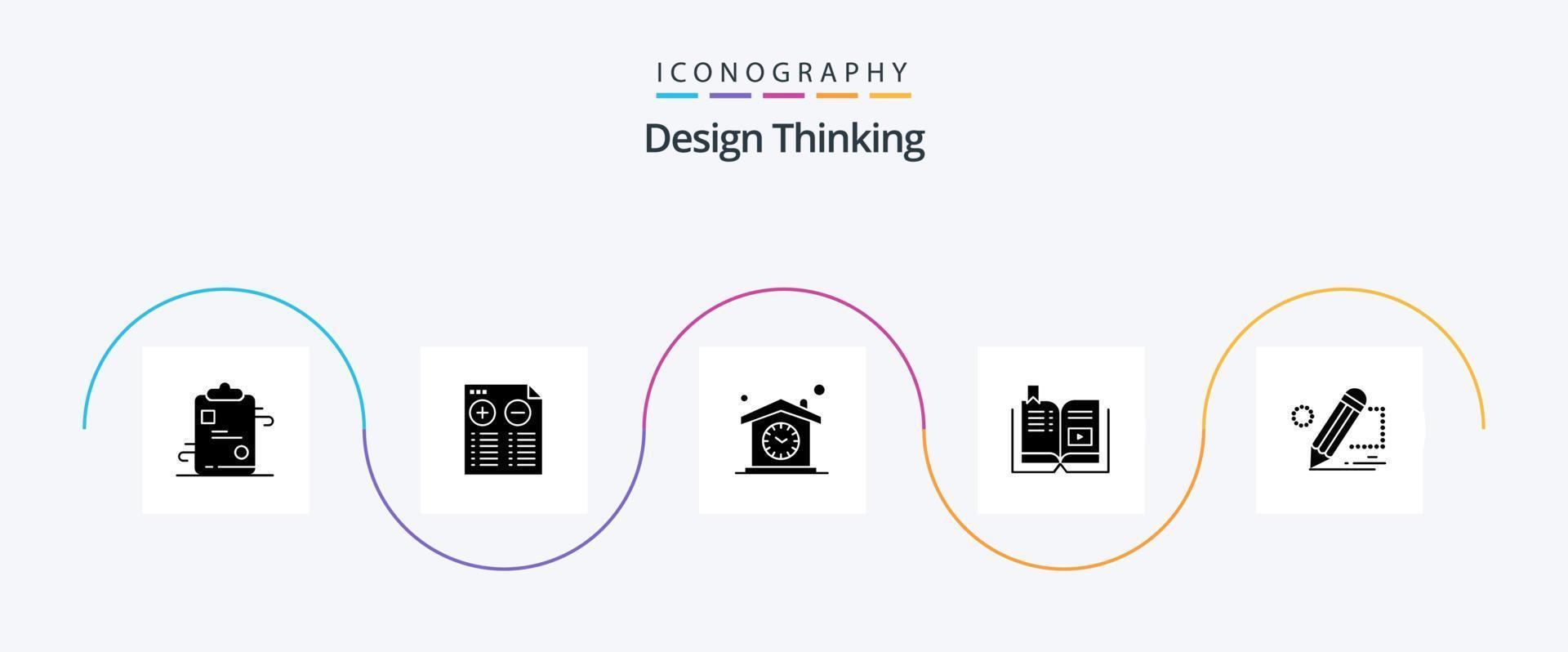 Design Thinking Glyph 5 Icon Pack inklusive Bildung. Video. Minus. Buchen. Uhr vektor