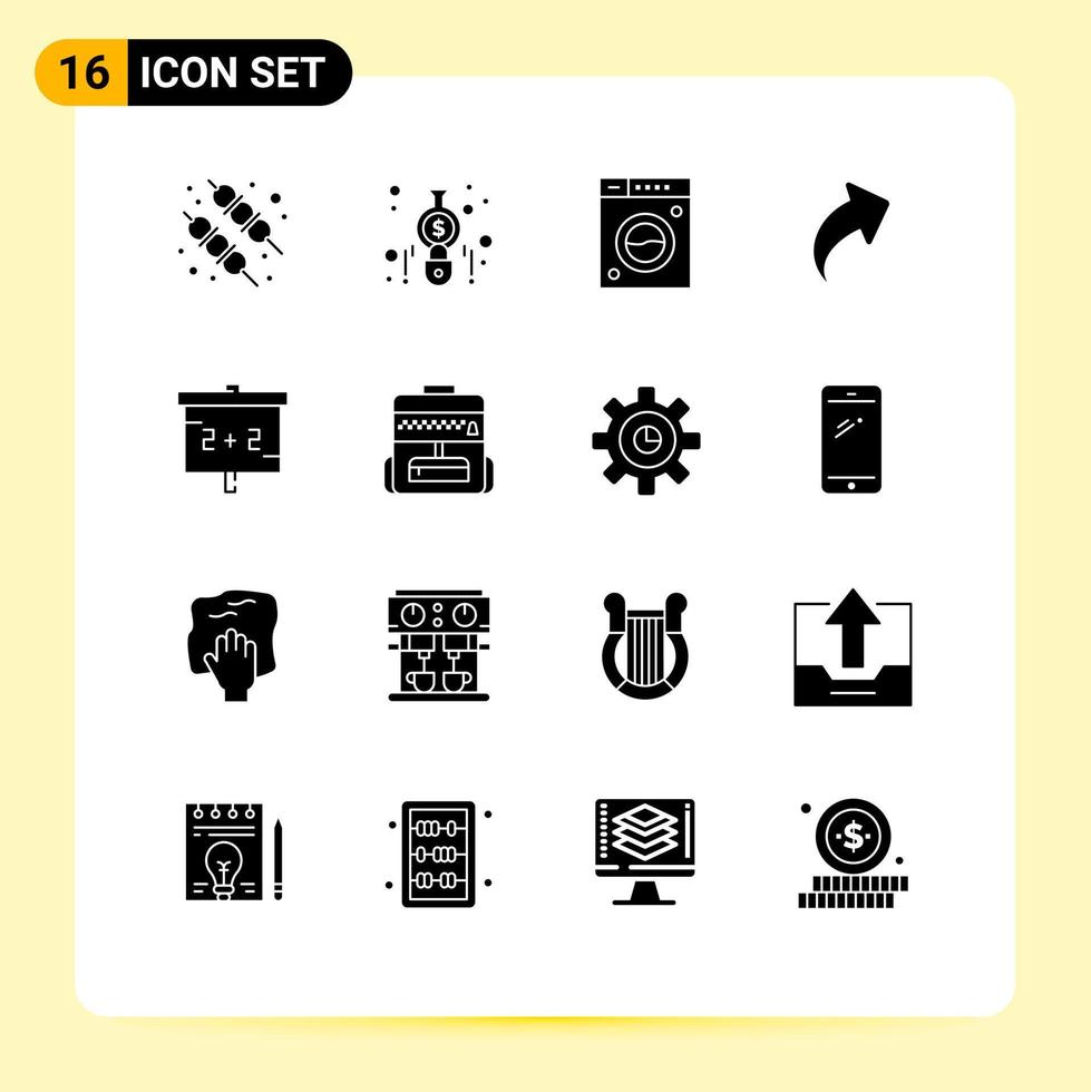 fast glyf packa av 16 universell symboler av väska utbildning rengöring svarta tavlan upp redigerbar vektor design element