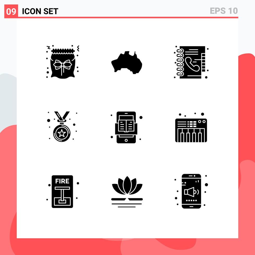 mobile Schnittstelle solider Glyphensatz von 9 Piktogrammen von mobilen Gewinnern Reisemedaillen-Telefonbuch editierbaren Vektordesign-Elementen vektor