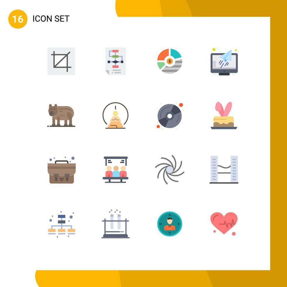 flaches Farbpaket mit 16 universellen Symbolen für Nachrichten-Seo-Prozessdiagrammbalken, editierbares Paket kreativer Vektordesignelemente vektor