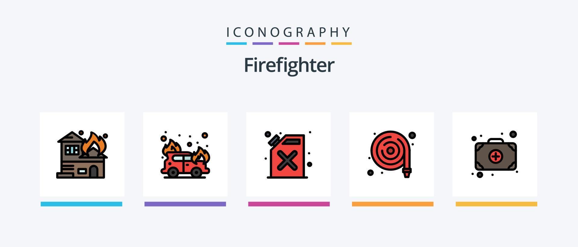 Feuerwehrmann-Linie gefüllt 5 Icon Pack einschließlich . Feuer. Notausgang. Wagen. Feuer. kreatives Symboldesign vektor