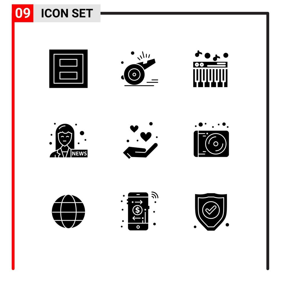 Stock Vector Icon Pack mit 9 Zeilenzeichen und Symbolen für Handnachrichtensprecher Fußballjournalisten Sound editierbare Vektordesign-Elemente