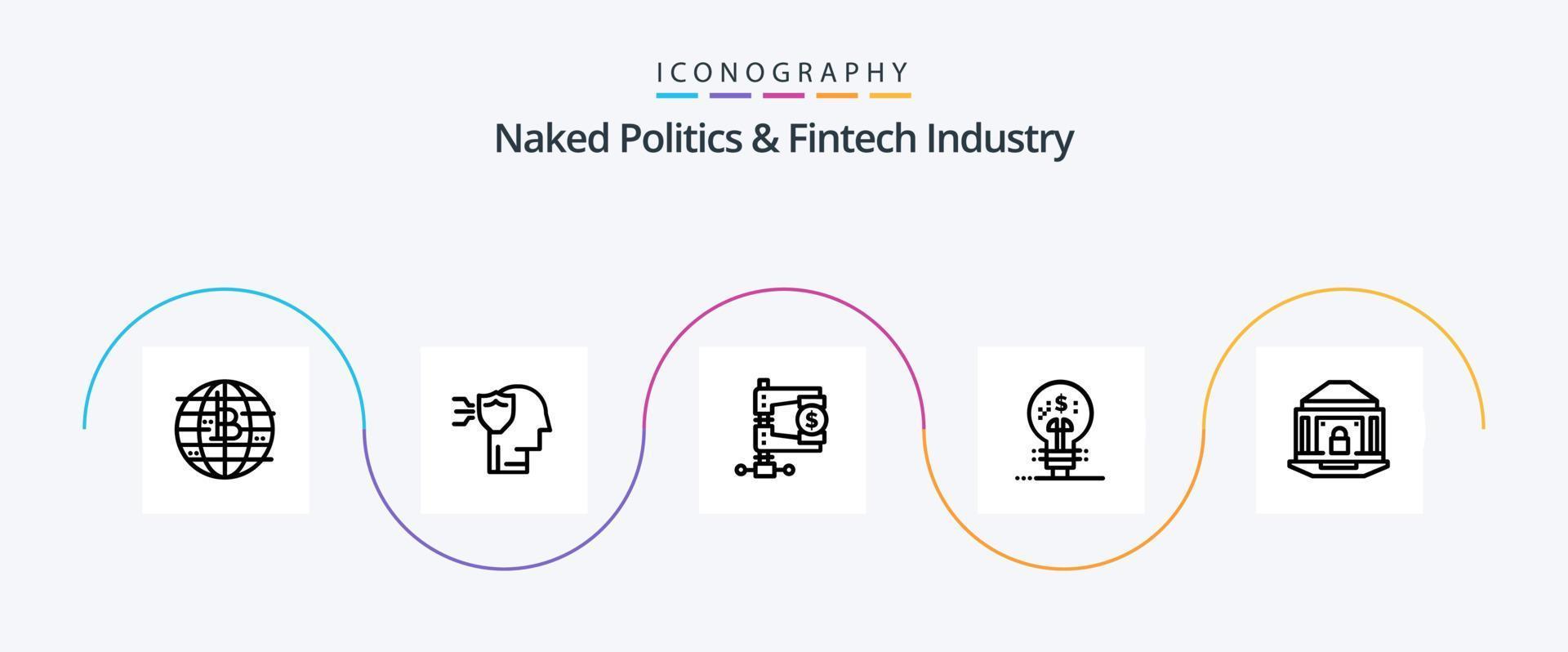 naken politik och fintech industri linje 5 ikon packa Inklusive aning. finansiera. skydda. fintech innovation. marknadsföra vektor