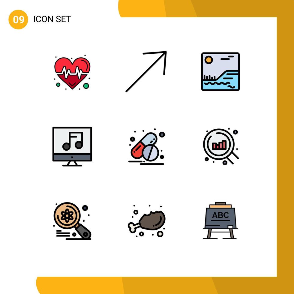 Gruppe von 9 gefüllten flachen Farben Zeichen und Symbolen für Multimedia-bearbeitbare Vektordesign-Elemente der Web-Medizin-Bildkapsel vektor