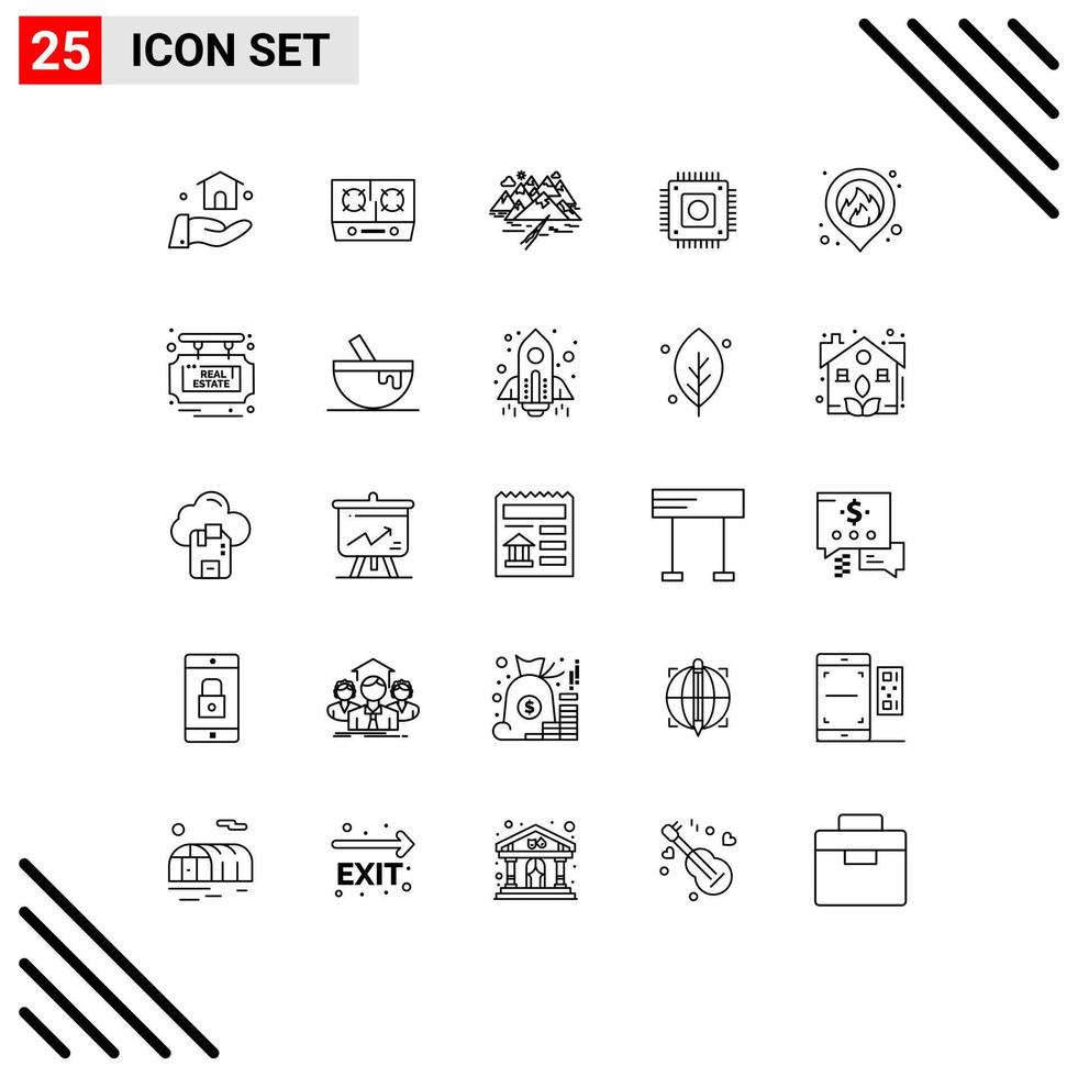 Stock Vector Icon Pack mit 25 Linienzeichen und Symbolen für den Standort Computer Hill Mikrochip Chip editierbare Vektordesign-Elemente