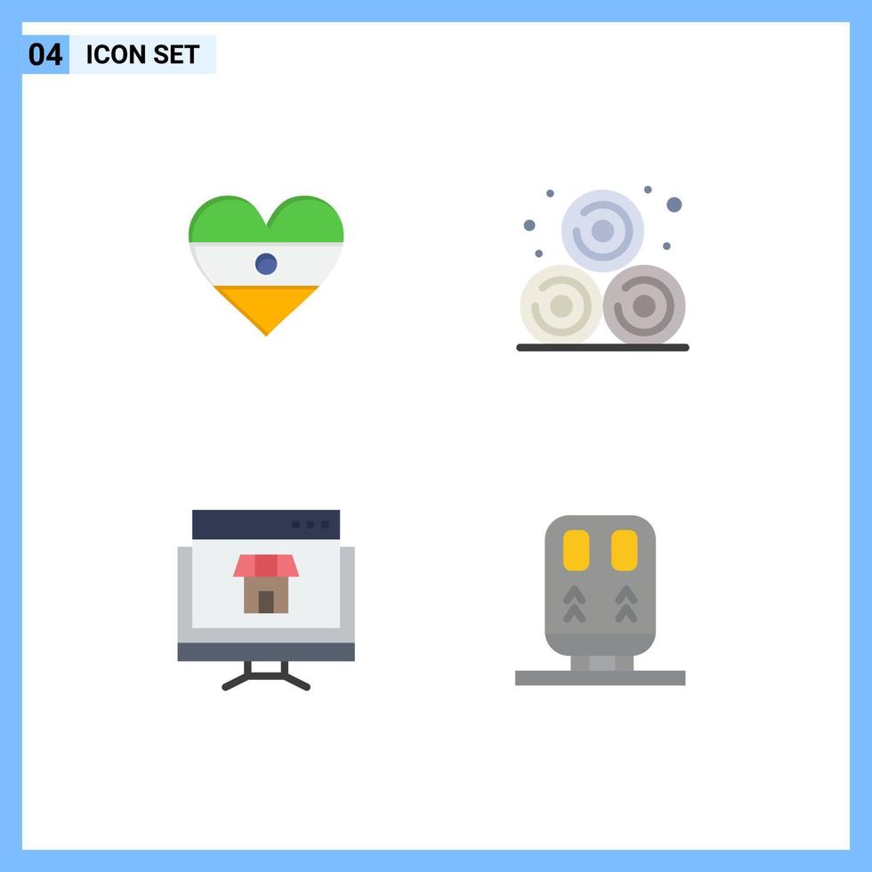 Packung mit 4 modernen flachen Symbolen, Zeichen und Symbolen für Web-Printmedien wie indischer Marktplatz, Herzflagge, Weizenstroh, Einkaufen, editierbare Vektordesign-Elemente vektor