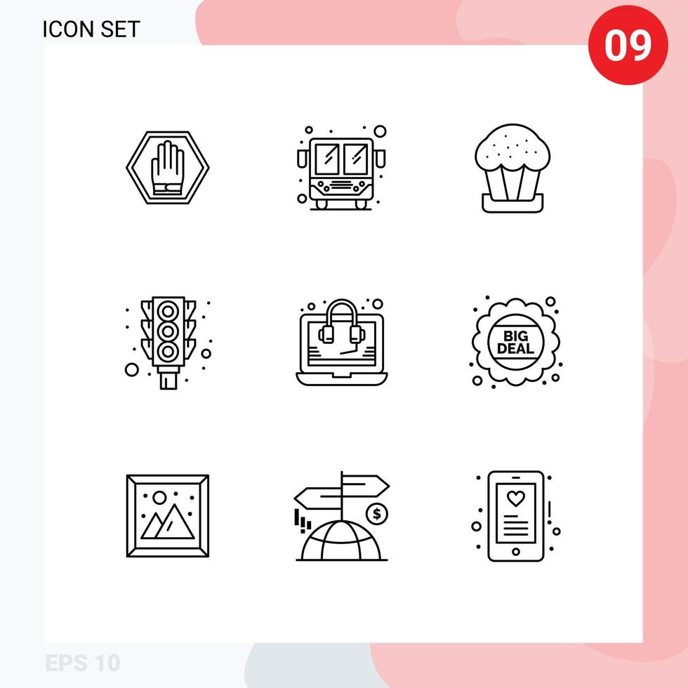 piktogram uppsättning av 9 enkel konturer av hjälp sluta kaka trafik ljus redigerbar vektor design element