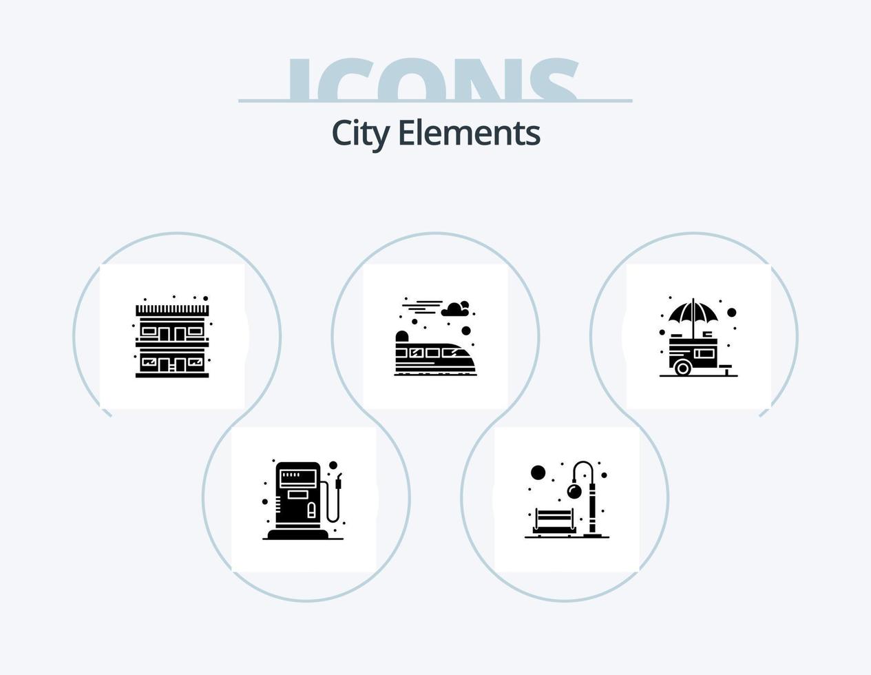 stad element glyf ikon packa 5 ikon design. stå. mat. motell. tåg. elektrisk vektor