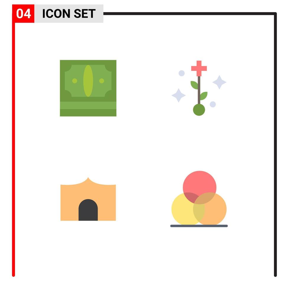 Gruppe von 4 modernen flachen Symbolen, die für geschäftliche Schlossgebäude, Geld, Gesundheitswesen, Festung, editierbare Vektordesign-Elemente festgelegt werden vektor