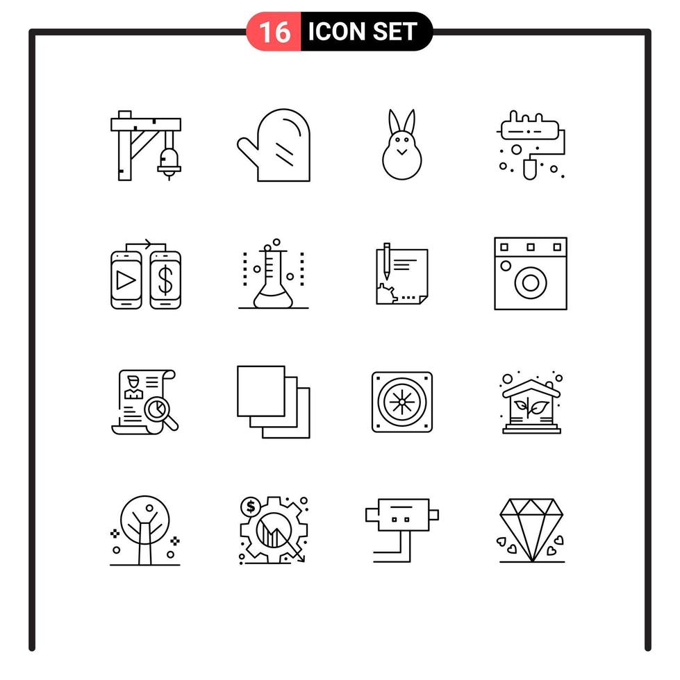 Umrisspaket mit 16 universellen Symbolen für Geld mobile Hasenwalzenbürste editierbare Vektordesign-Elemente vektor
