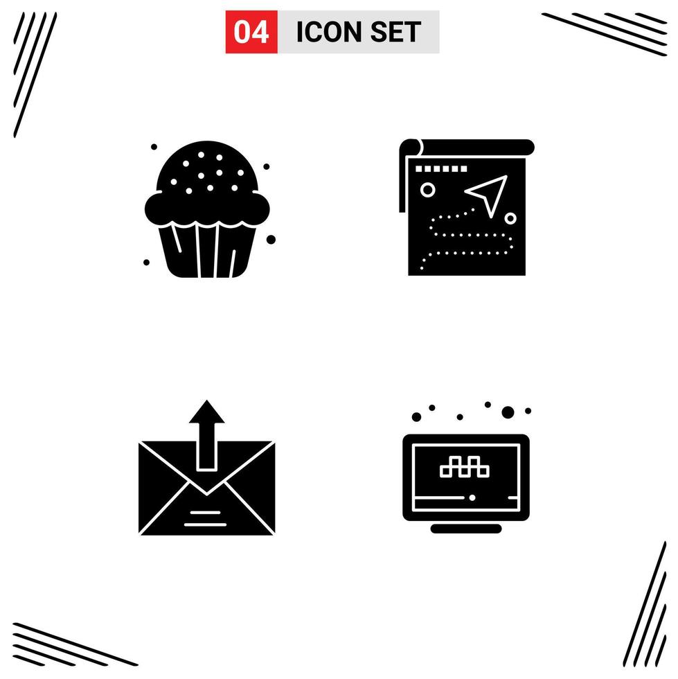 Packung mit 4 modernen soliden Glyphen Zeichen und Symbolen für Web-Printmedien wie Süßigkeiten Position Food Route Commerce editierbare Vektordesign-Elemente vektor