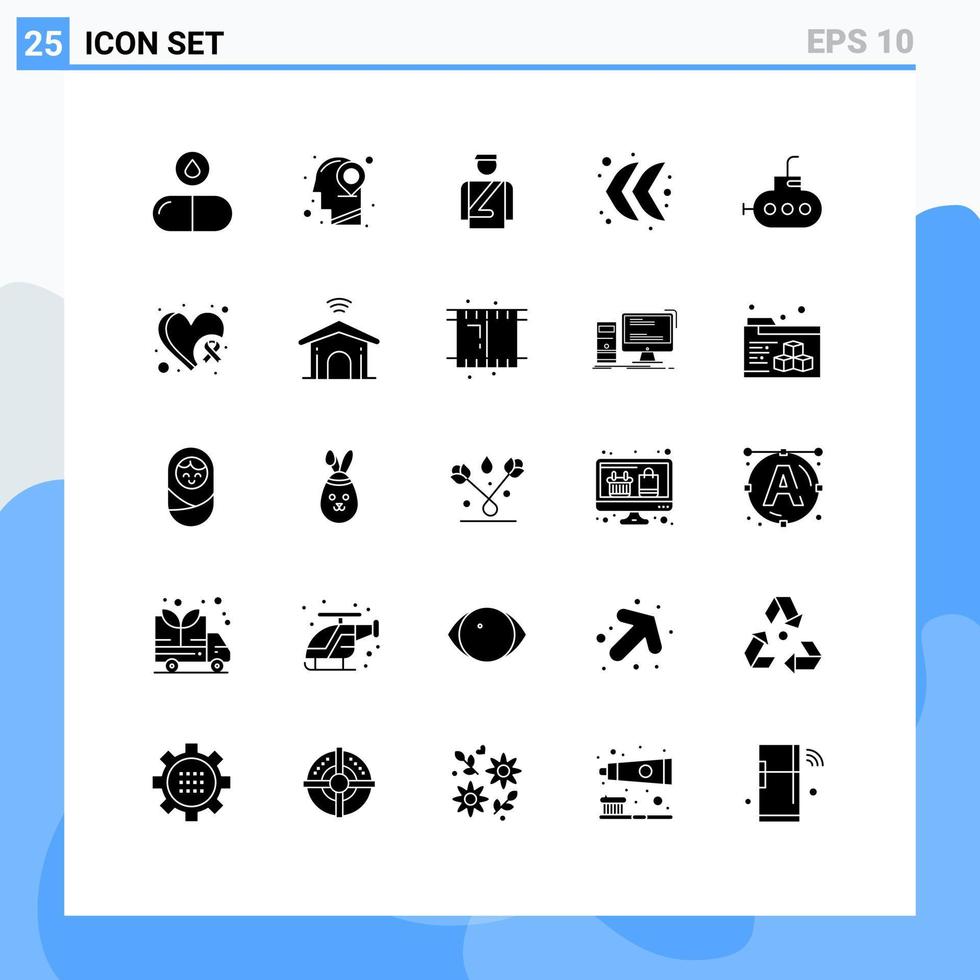 Stock Vector Icon Pack mit 25 Zeilen Zeichen und Symbolen für Brust Bathyscaph Hotelpage Pfeil nach links editierbare Vektordesign-Elemente