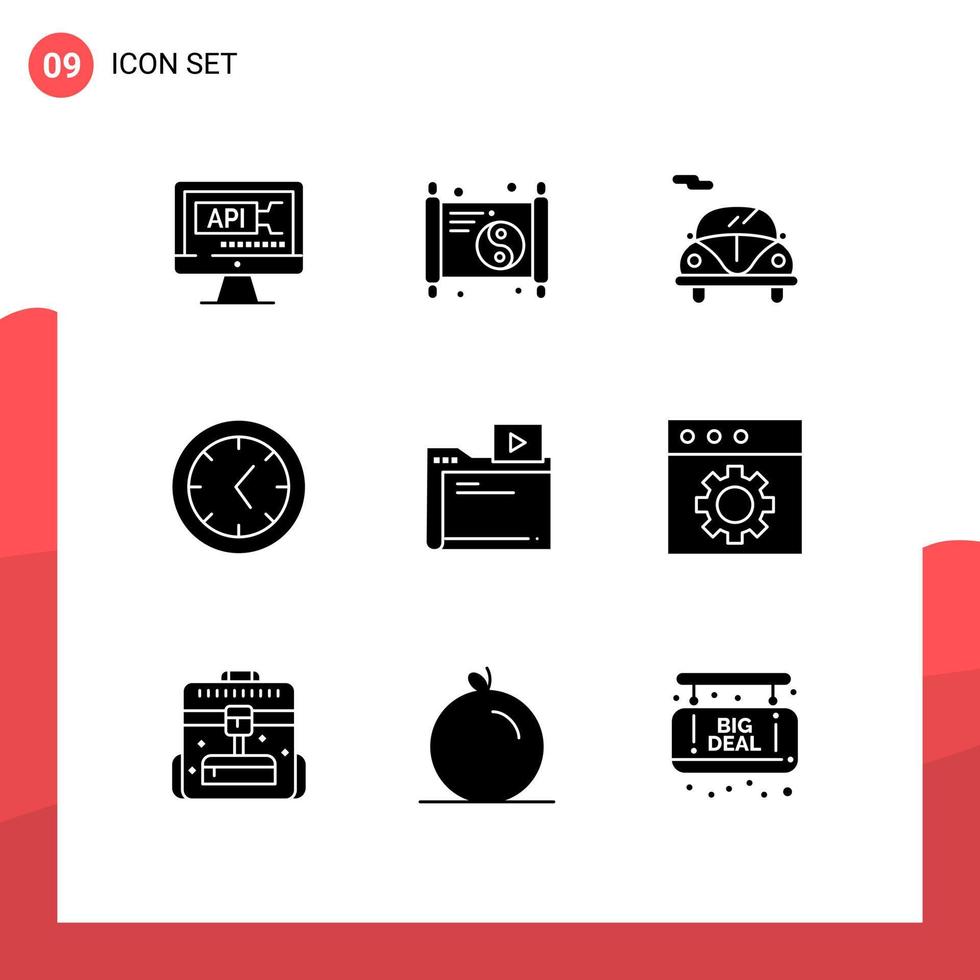 Stock-Vektor-Icon-Pack mit 9 Zeilen Zeichen und Symbolen für App-Video-Automobil-Filmuhr editierbare Vektordesign-Elemente vektor