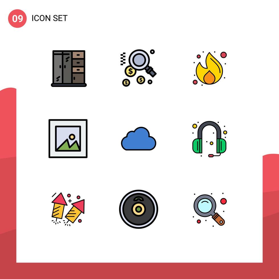 modern uppsättning av 9 fylld linje platt färger pictograph av molnig data marknadsföring moln layout redigerbar vektor design element