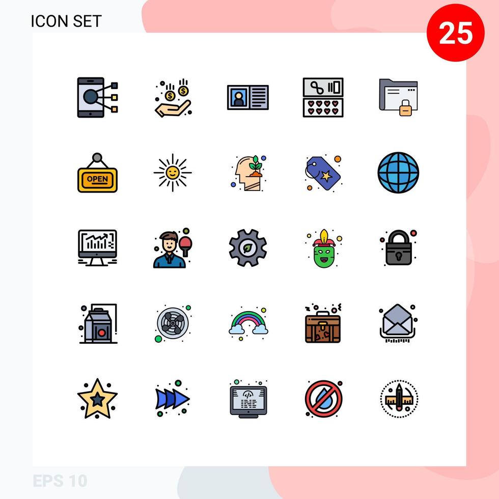 uppsättning av 25 vektor fylld linje platt färger på rutnät för mapp kärlek kommunikation kosmetisk information redigerbar vektor design element