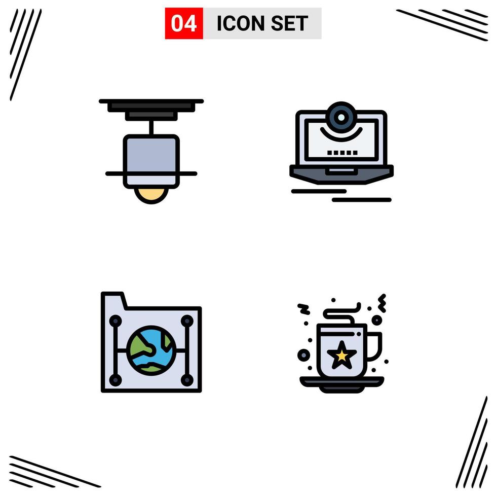 Packung mit 4 modernen Filledline-Flachfarbzeichen und Symbolen für Web-Printmedien wie Dekor-Videolampen-Kameradaten editierbare Vektordesign-Elemente vektor