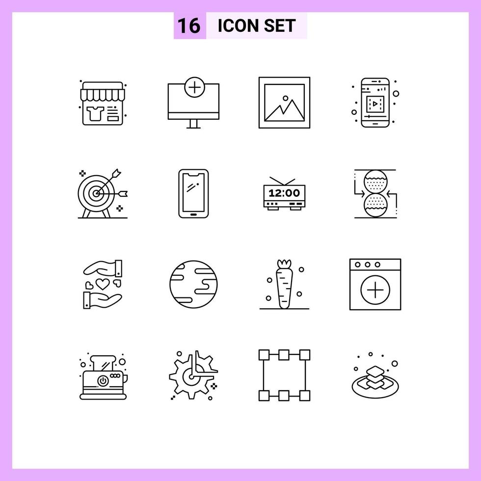 universelle Symbolsymbole Gruppe von 16 modernen Umrissen der Zielerreichungshardware mobiles Video mobile App editierbare Vektordesignelemente vektor