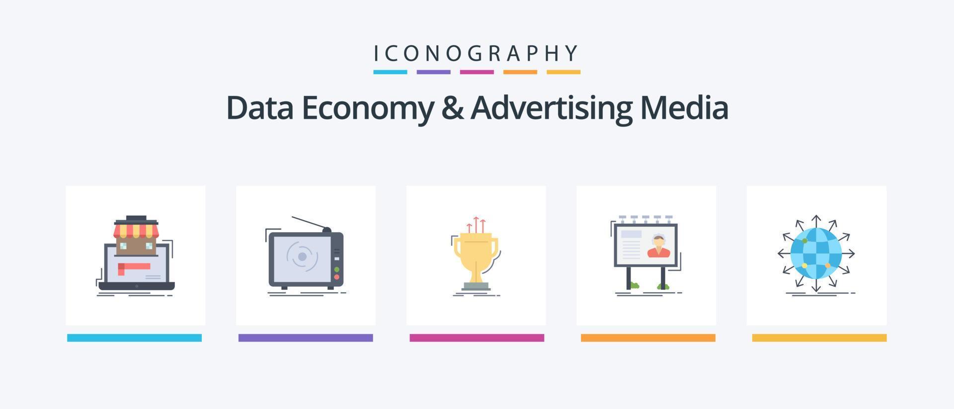 data ekonomi och reklam media platt 5 ikon packa Inklusive anslagstavla. annons. tv. pris. kopp. kreativ ikoner design vektor